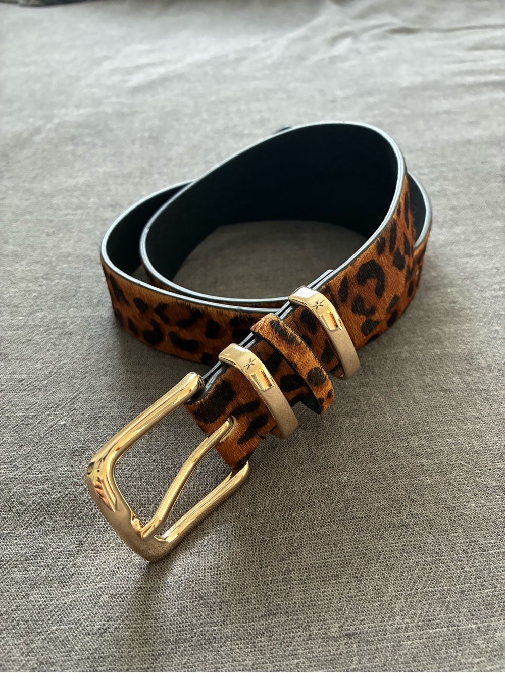 NA-KD Leather Leopard Print Calf Hair Belt with Gold Buckle